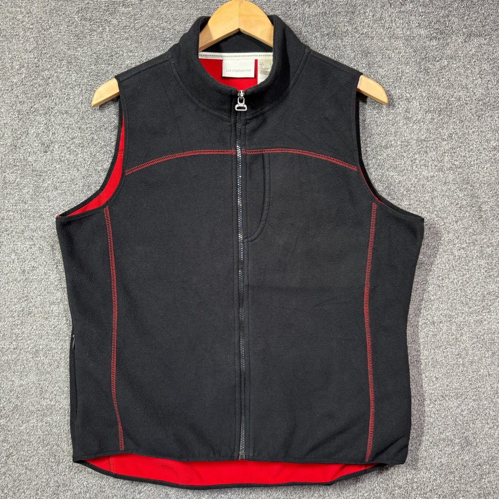 Liz Claiborne Womens Fleece Vest Black Red Full Zip Mock Neck Large Sporty Layer